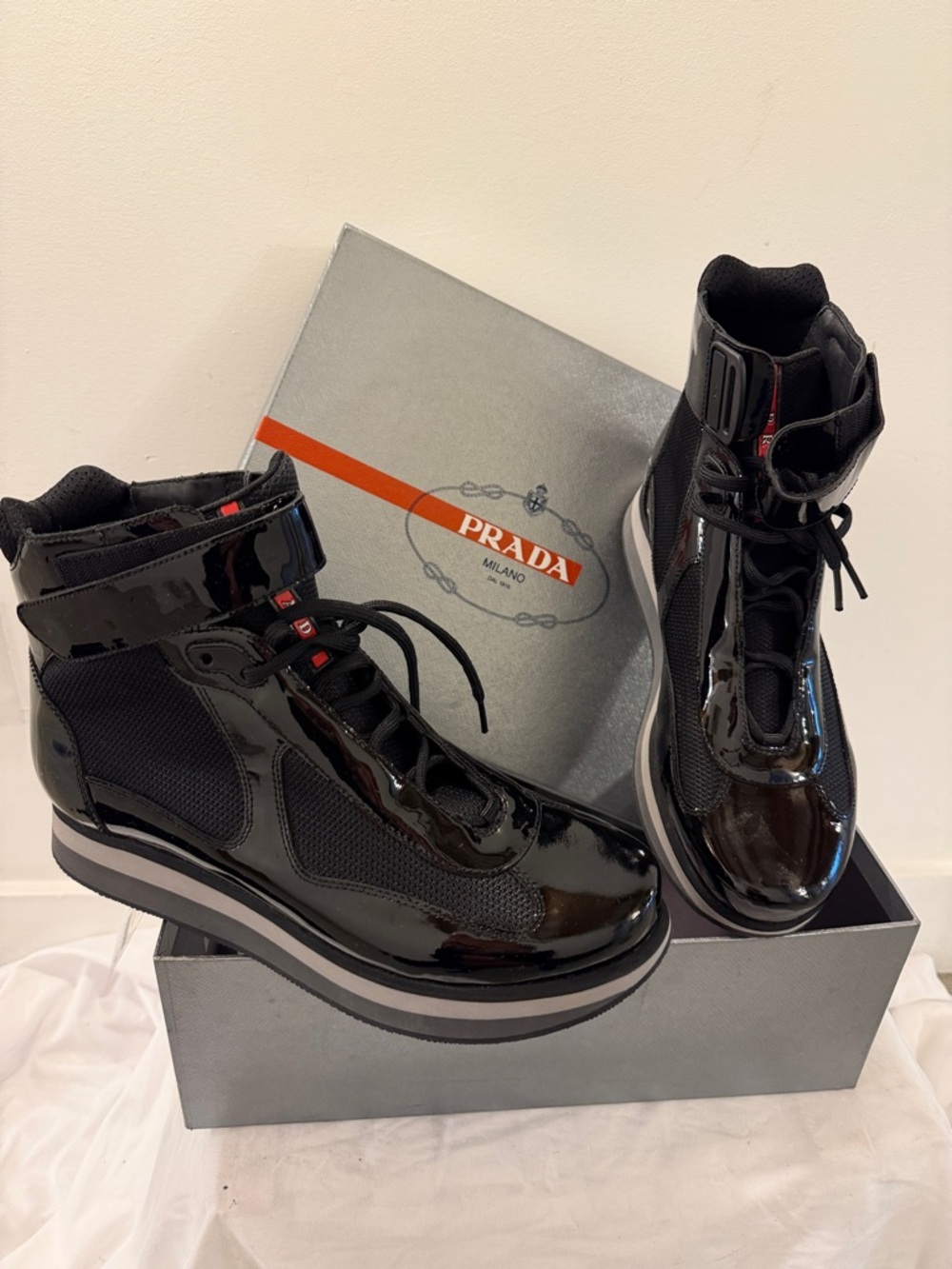 Prada Men’s Black Patent Leather & Mesh High-Top Sneakers